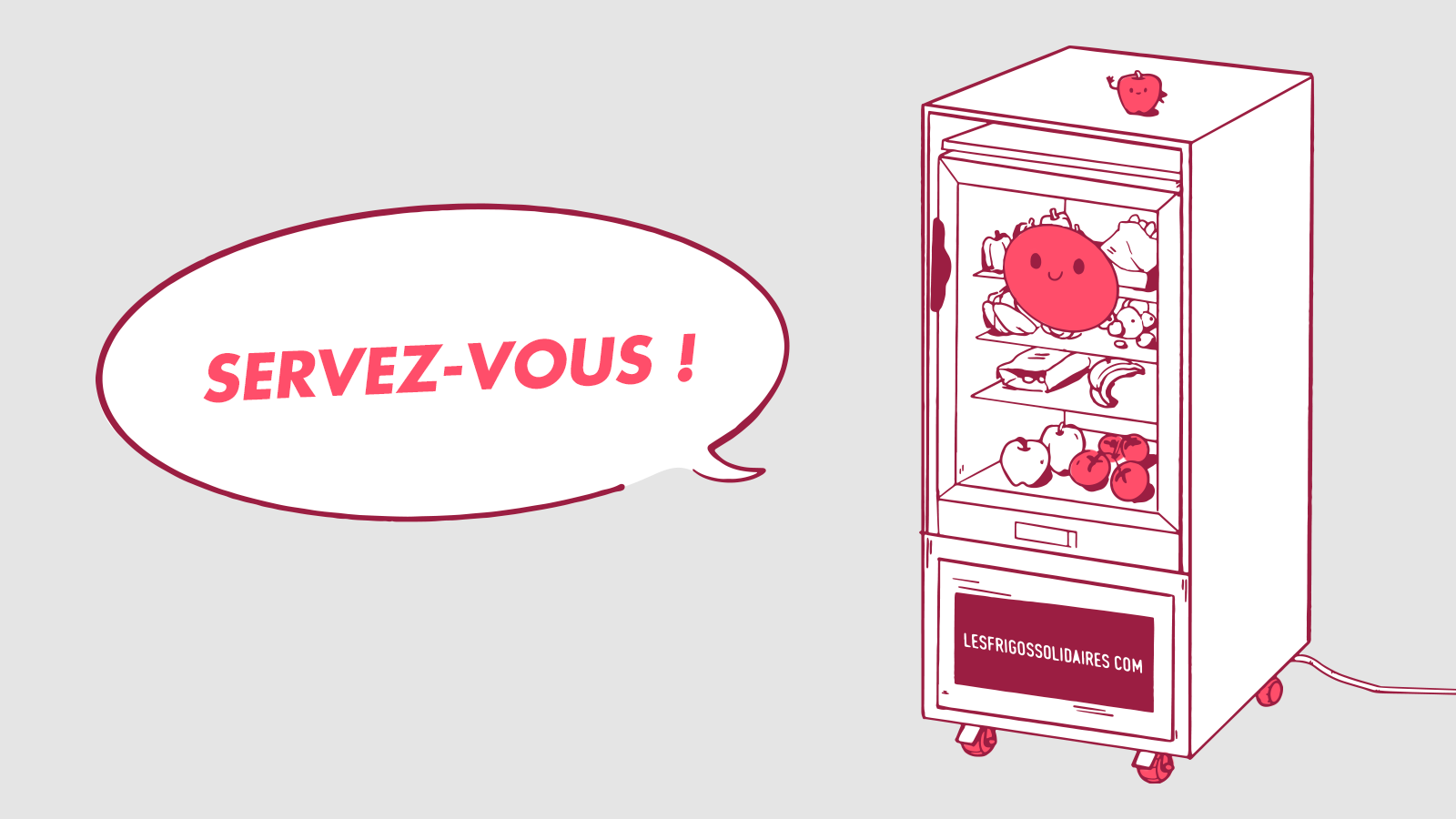 Illustration d&#039;un frigo solidaire avec une bulle «servez-vous»