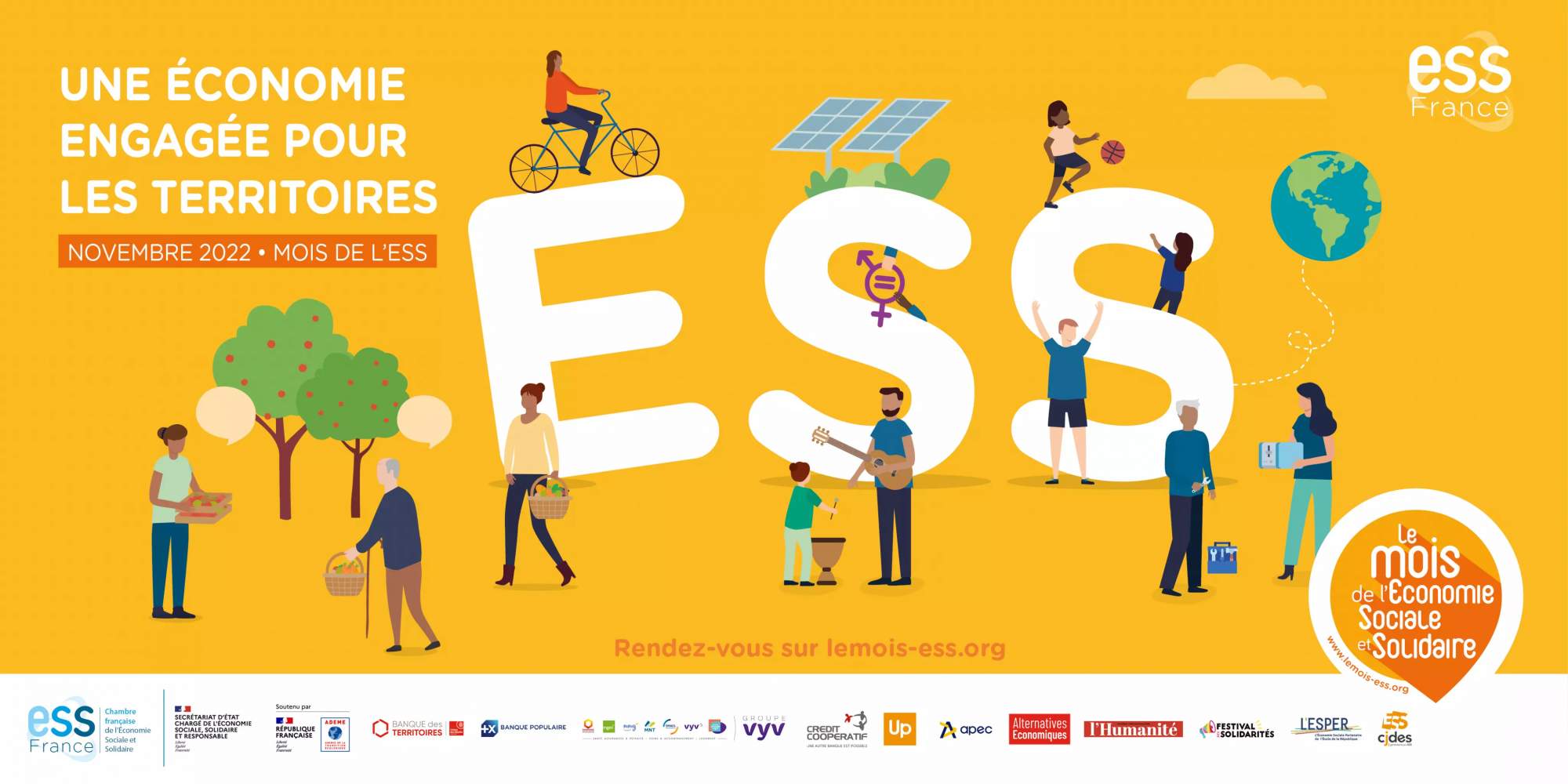 Bannière jaune avec l&#039;inscription &quot;ESS&quot; en blanc pour le mois de l&#039;ESS 2022