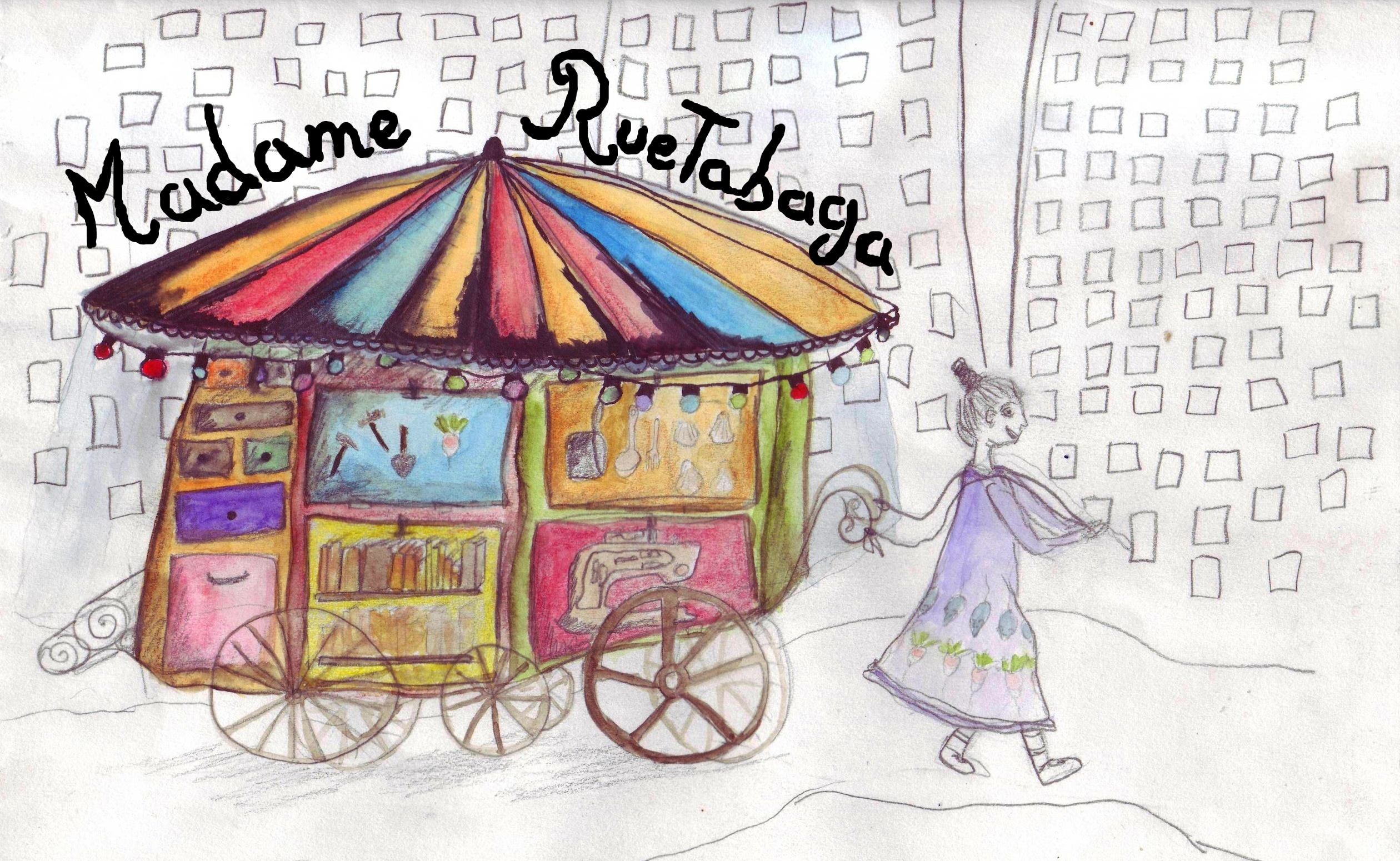 dans un style de dessin d'enfant, un carousel est tirée par une femme. Leurs couleurs contrast avec le gris des batiments alentour