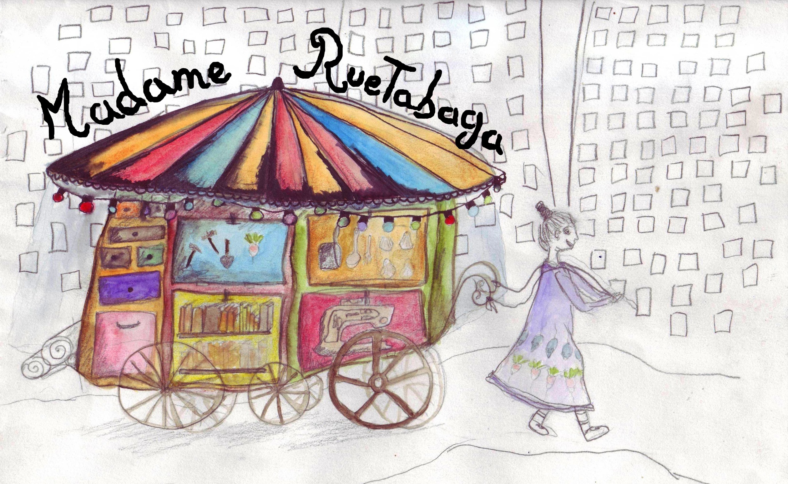 dans un style de dessin d&#039;enfant, un carousel  est  tirée par une femme. Leurs couleurs contrast avec le gris des batiments alentour