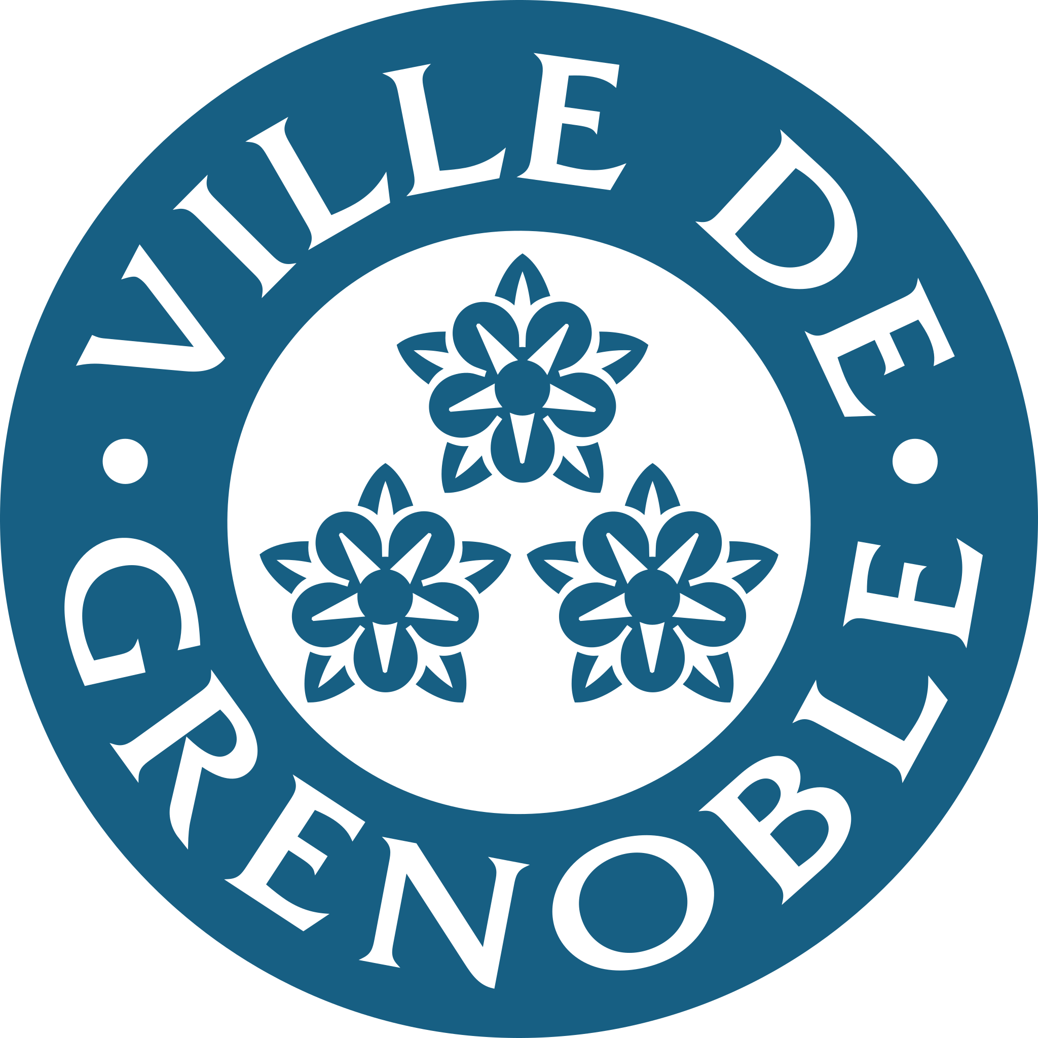 Logo Ville de Grenoble - cercle bleu écriture blanche &quot;Ville de Grenoble&quot; avec 3 fleurs bleu au centre blanc.