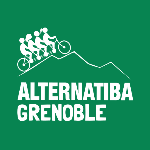 Fond vert et dessin blanc Alternatiba Grenoble avec 4 perssones sur notre quadruplette montant une montagne