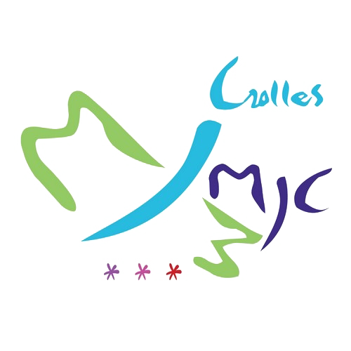 Logo de la MJC représentant les deux massifs et l&#039;isère en forme de papillon à dominante bleu, vert