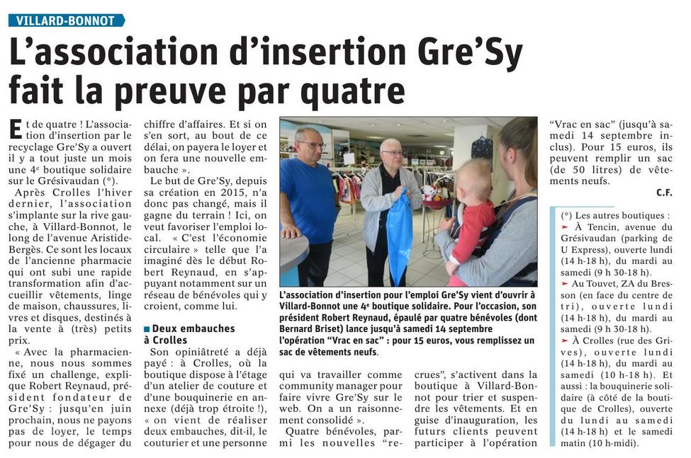 Article de presse sur Gresy, association d&#039;insertion