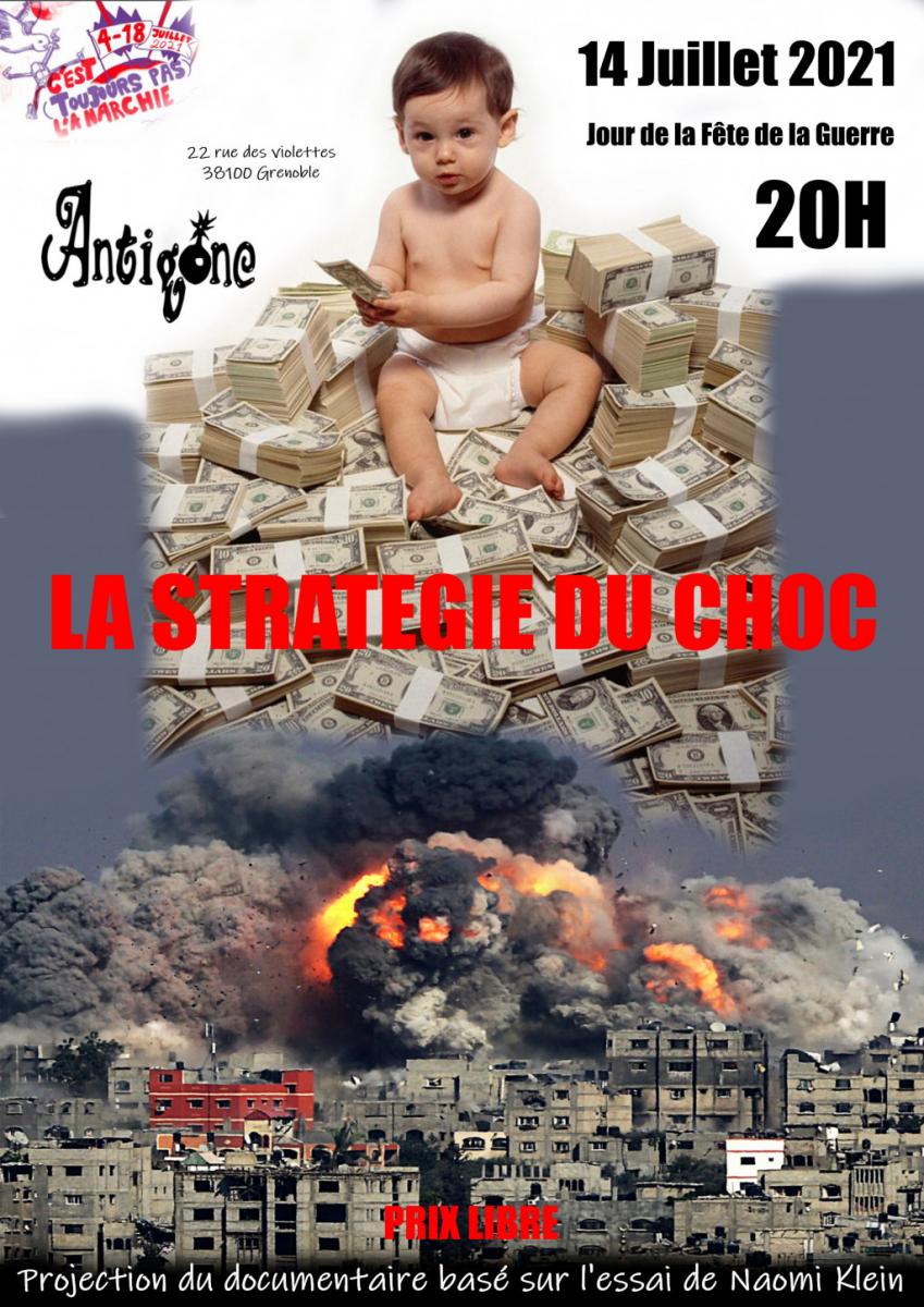 haut : très jeune enfant assis au milieu d'un tas de billets / bas : immeubles et explosion au second plan