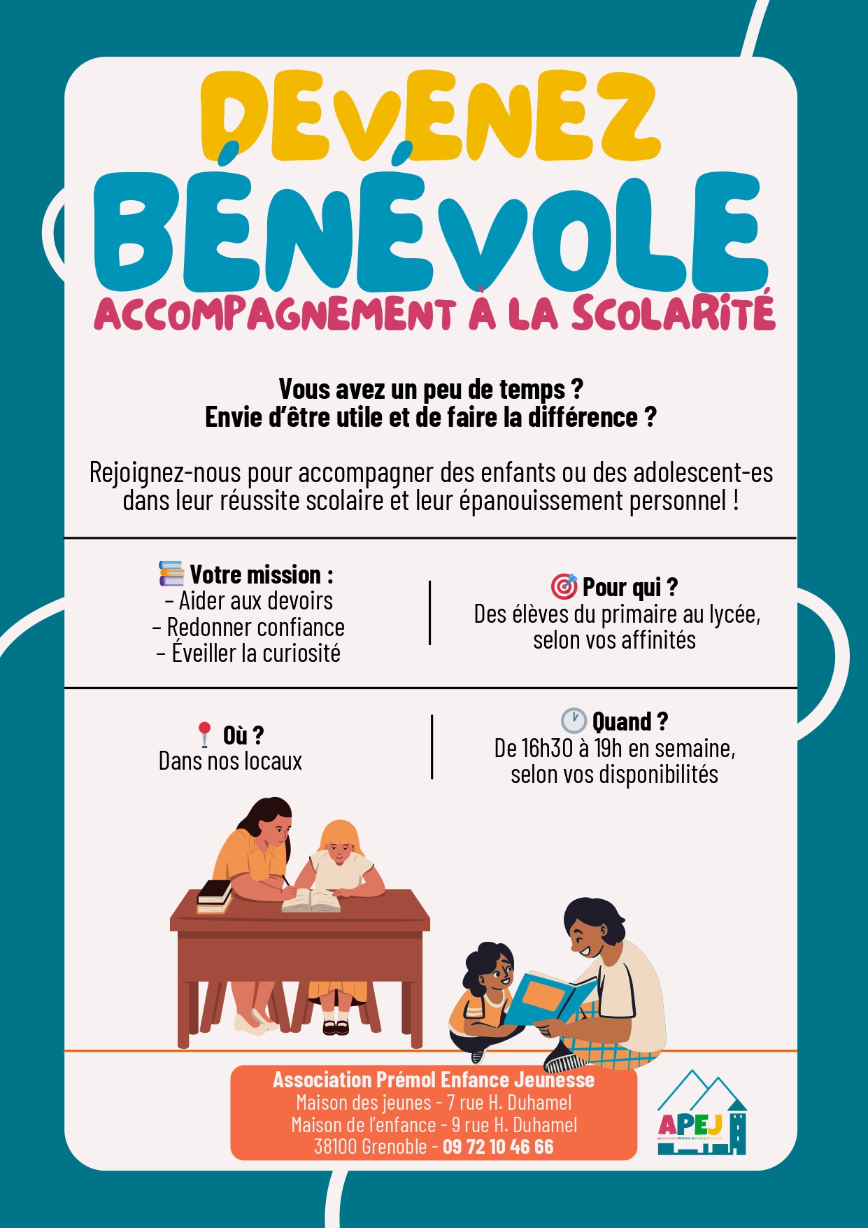 Vous avez un peu de temps ? Envie d'être utile et de faire la différence ? Devenez bénévole accompagnement à la scolarité !